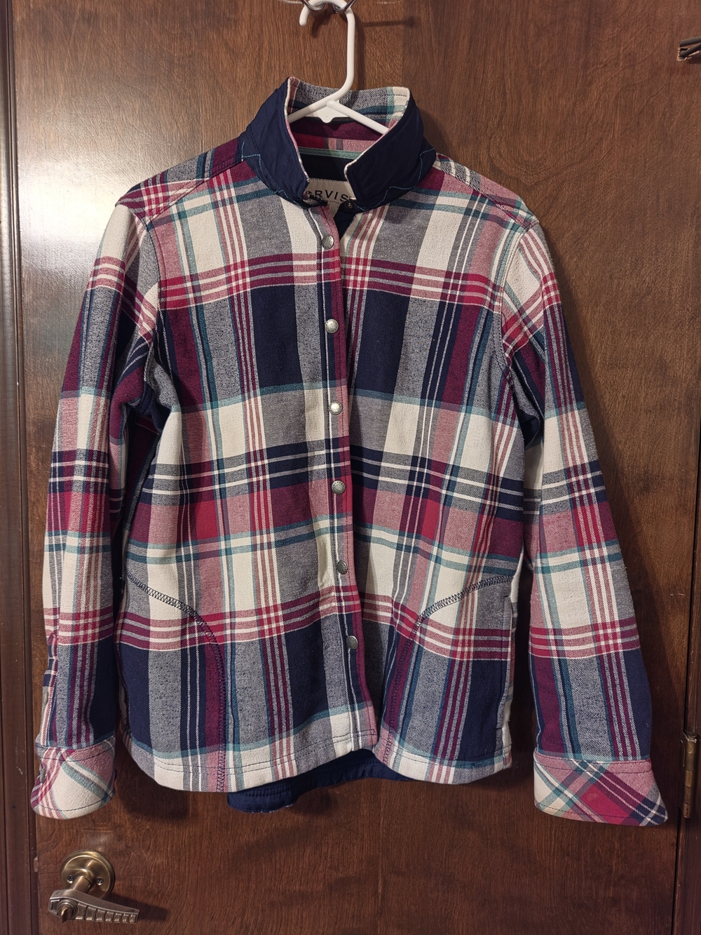 Orvis Girls Plaid Button-Front Shirt Jacket in Navy, Pink & Cream